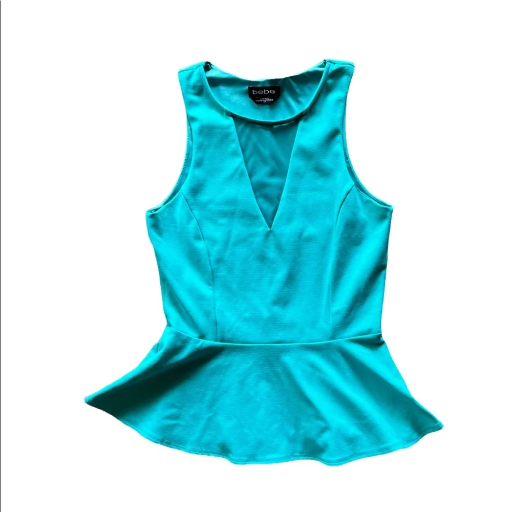 Bebe Women’s Small Aqua Peplum Tank Top Blouse w/ V-Neck Mesh Video - Picture 1 of 8